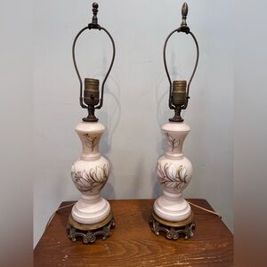 Vintage Painted Pink Glass Floral Lamp Pair With Brass Feet WORKING 21” x 5”